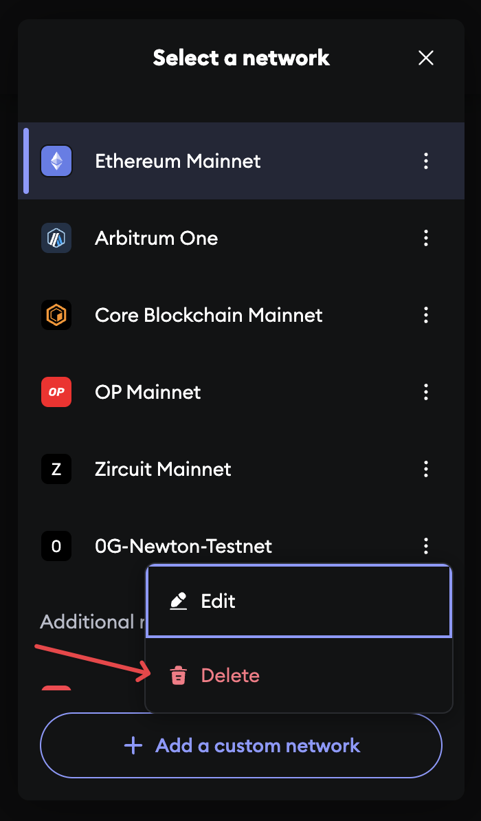 Three dots menu for network